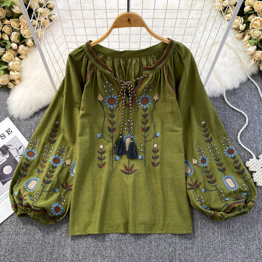 Women Bohemian Embroidered Mexican Bohemian Tops Tassel Long Lantern Sleeve Casual Blouse Tops Shirts & Tops jehouze Green One Size 