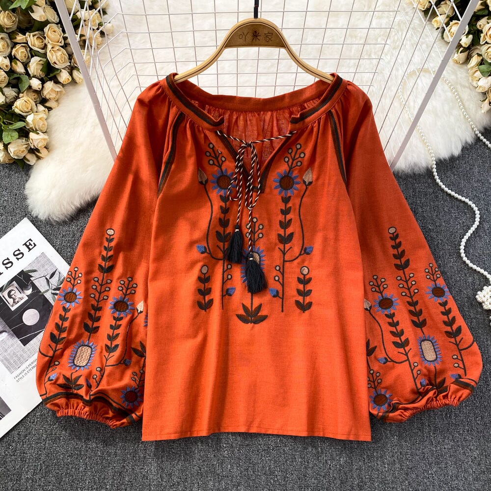 Women Bohemian Embroidered Mexican Bohemian Tops Tassel Long Lantern Sleeve Casual Blouse Tops Shirts & Tops jehouze Orange One Size 
