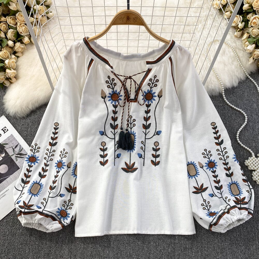 Women Bohemian Embroidered Mexican Bohemian Tops Tassel Long Lantern Sleeve Casual Blouse Tops Shirts & Tops jehouze White One Size 