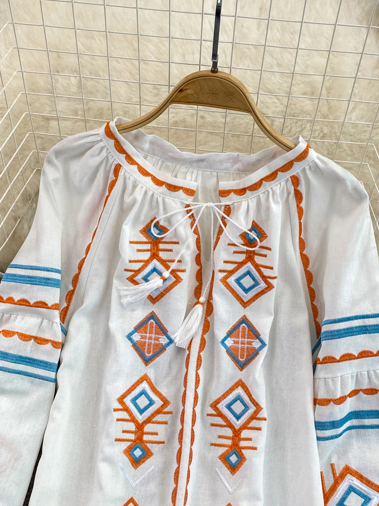 Women Bohemian Embroidered Retro Ethnic Lace Up Tassel V Neck Lantern Sleeve Loose Tops Shirts & Tops jehouze 