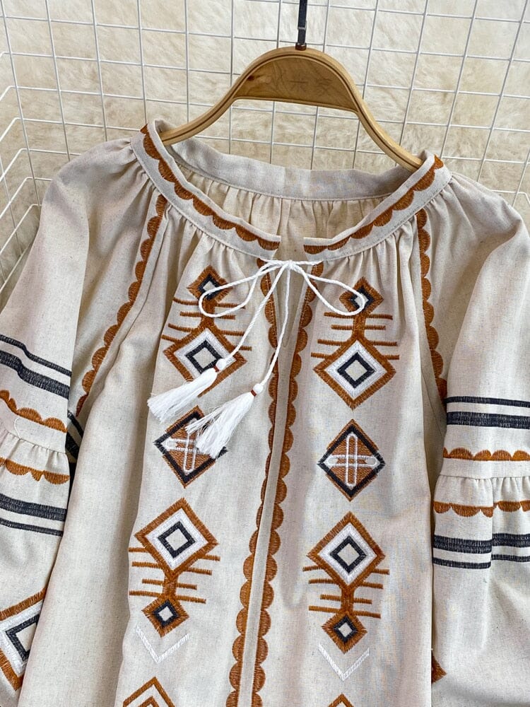 Women Bohemian Embroidered Retro Ethnic Lace Up Tassel V Neck Lantern Sleeve Loose Tops Shirts & Tops jehouze 