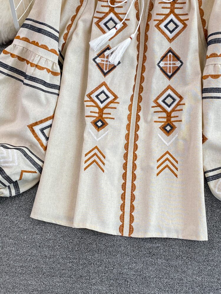 Women Bohemian Embroidered Retro Ethnic Lace Up Tassel V Neck Lantern –  JeHouze.US