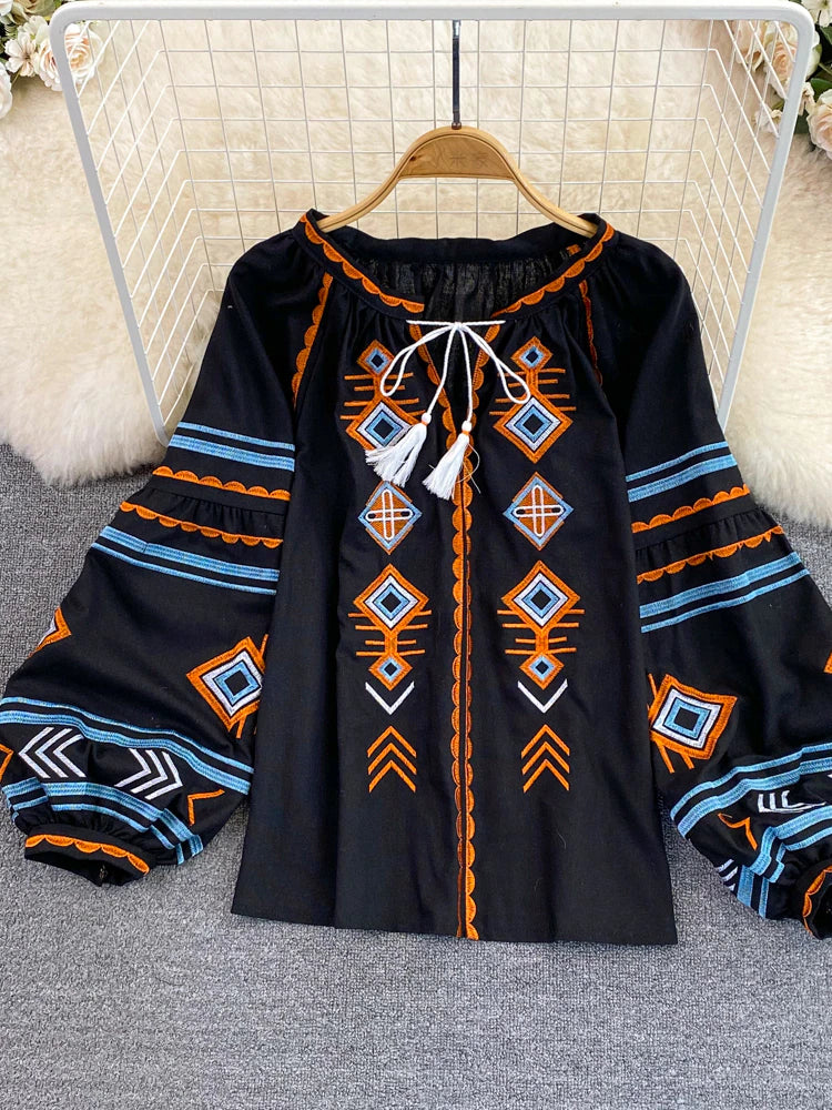 Women Bohemian Embroidered Retro Ethnic Lace Up Tassel V Neck Lantern Sleeve Loose Tops Shirts & Tops jehouze Black ONE SIZE 