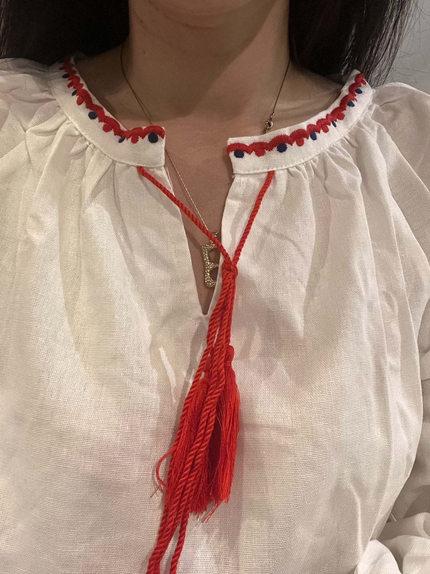 Women Bohemian Embroidered Retro Lace Up Tassel V Neck Lantern Sleeve Loose Tops_ jehouze 