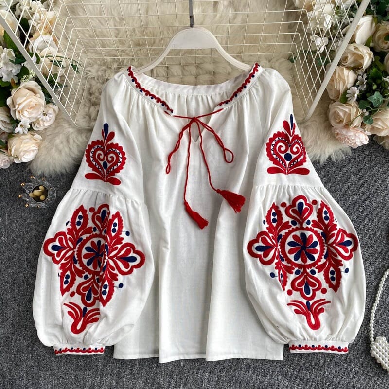 Women Bohemian Embroidered Retro Lace Up Tassel V Neck Lantern Sleeve Loose Tops_ jehouze White ONE SIZE 