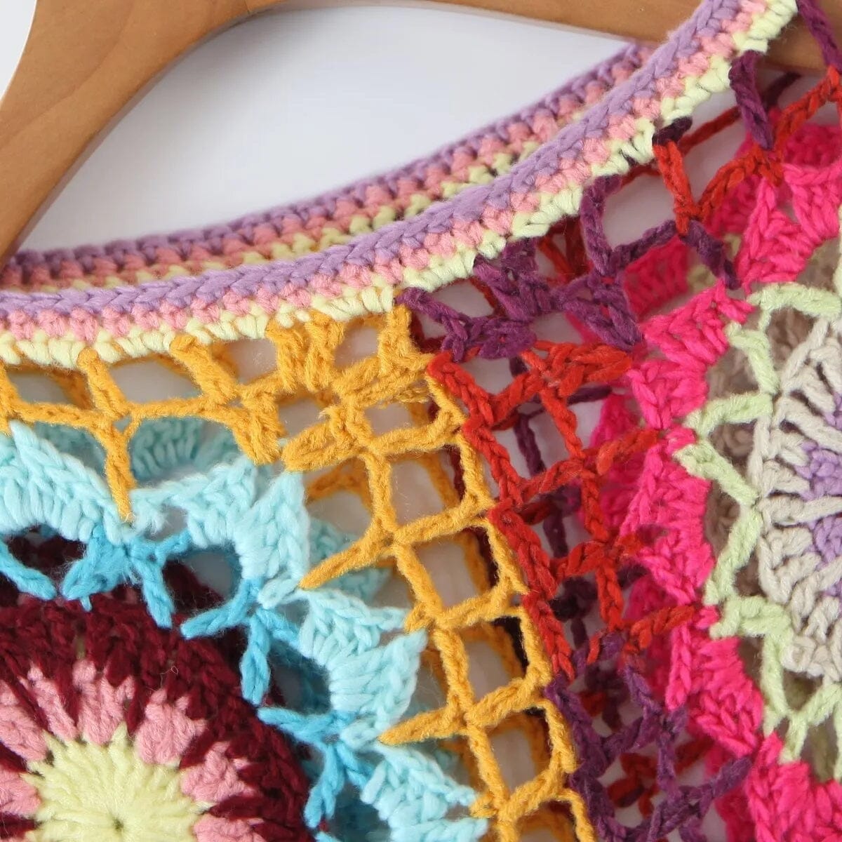 Women Bohemian Hand Crochet Long Sleeve Granny Square Multi Color Crop Tops_ Shirts & Tops jehouze 