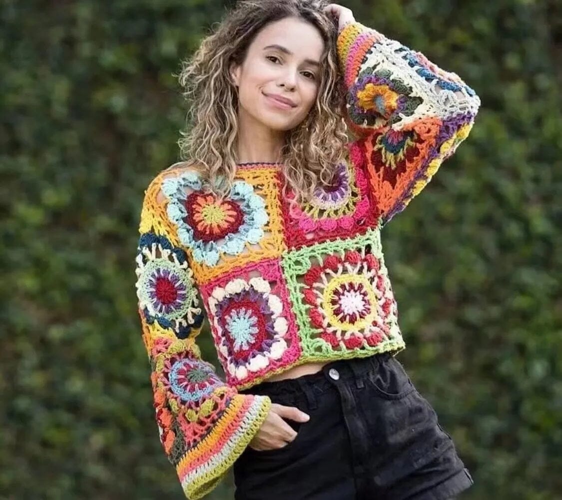 Women Bohemian Hand Crochet Long Sleeve Granny Square Multi Color Crop Tops_ Shirts & Tops jehouze OS 