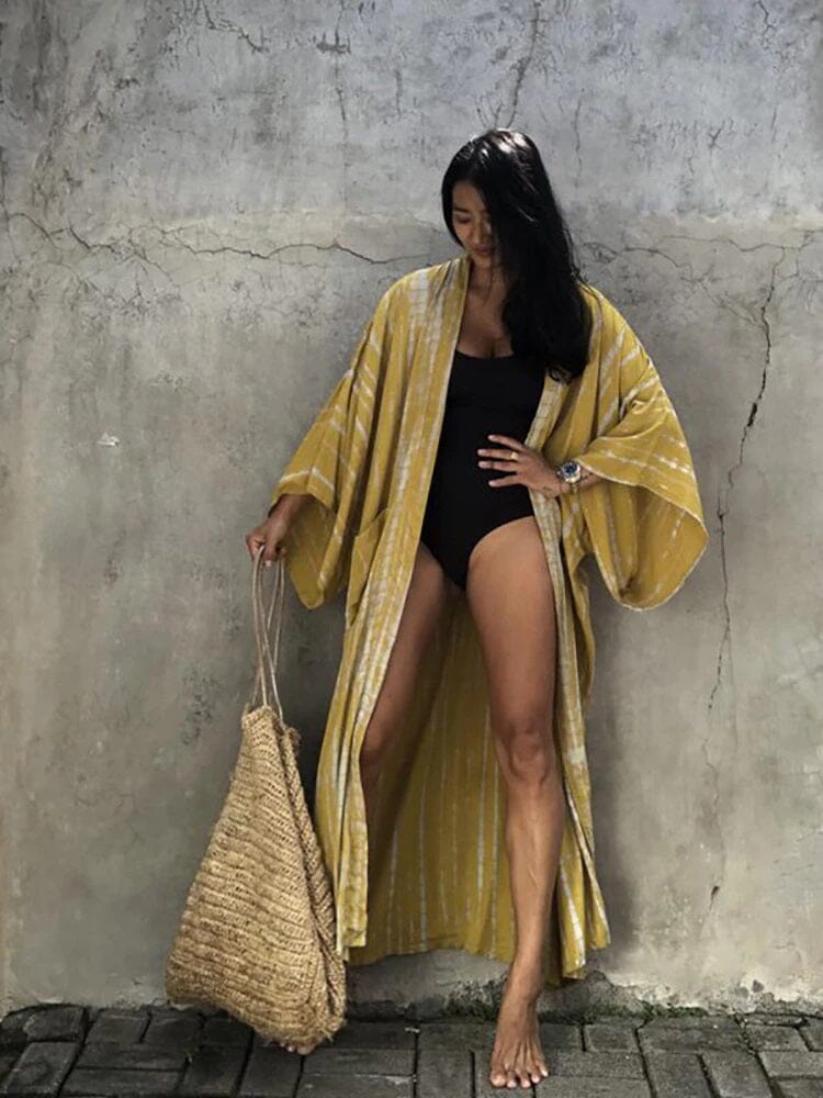 Women Bohemian Loose Casual Oversize Beach Swimsuit Cover Up Vintage Self Tie Kimono jehouze 