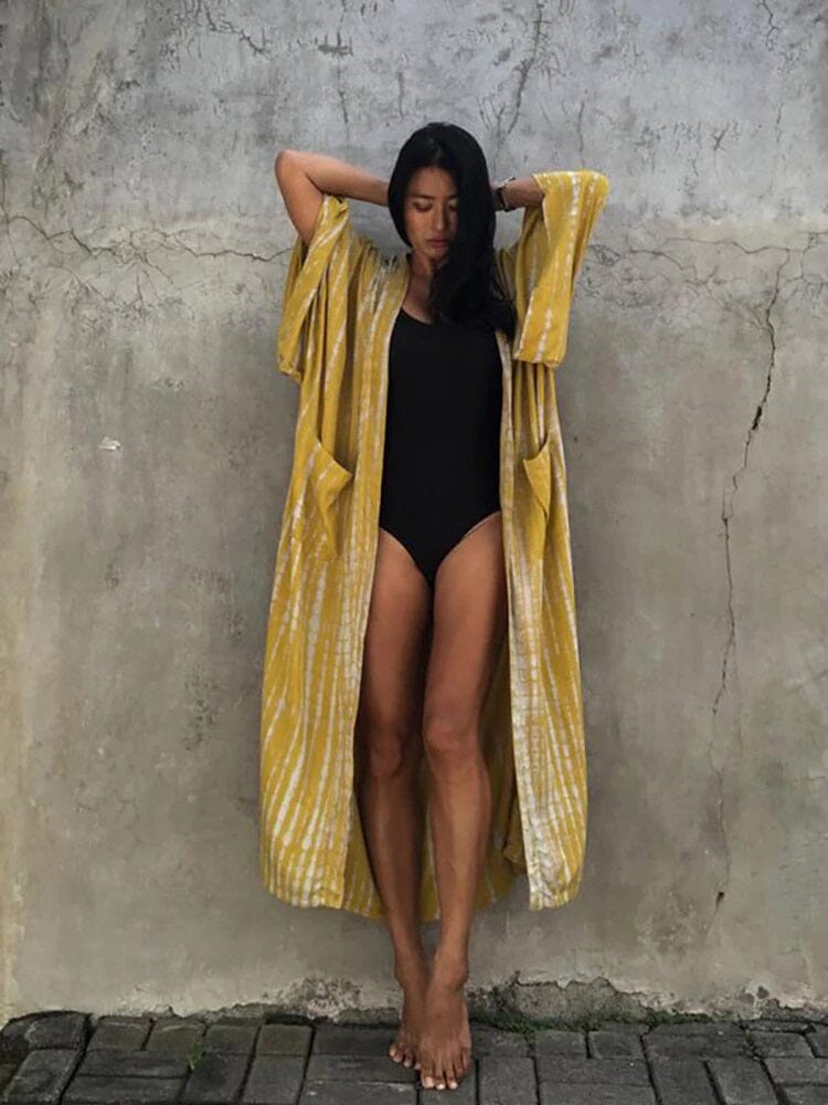 Women Bohemian Loose Casual Oversize Beach Swimsuit Cover Up Vintage Self Tie Kimono jehouze 