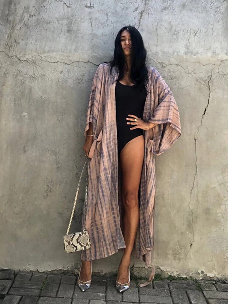 Women Bohemian Loose Casual Oversize Beach Swimsuit Cover Up Vintage Self Tie Kimono jehouze 