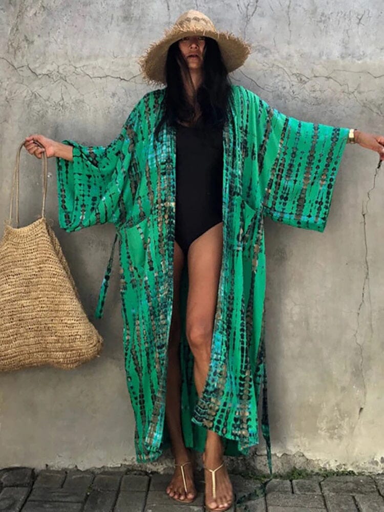 Women Bohemian Loose Casual Oversize Beach Swimsuit Cover Up Vintage Self Tie Kimono jehouze Green 