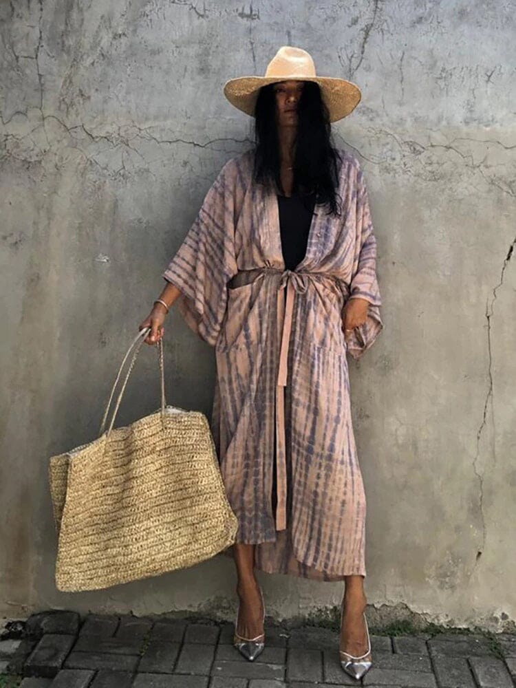 Women Bohemian Loose Casual Oversize Beach Swimsuit Cover Up Vintage Self Tie Kimono jehouze Pink 