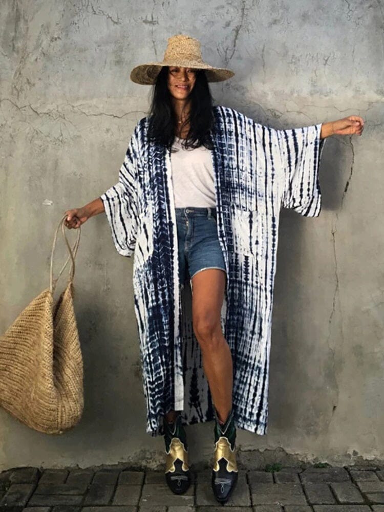 Women Bohemian Loose Casual Oversize Beach Swimsuit Cover Up Vintage Self Tie Kimono jehouze White 