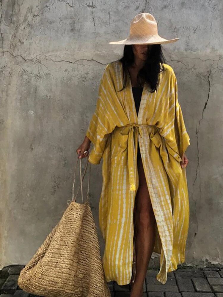 Women Bohemian Loose Casual Oversize Beach Swimsuit Cover Up Vintage Self Tie Kimono jehouze Yellow 