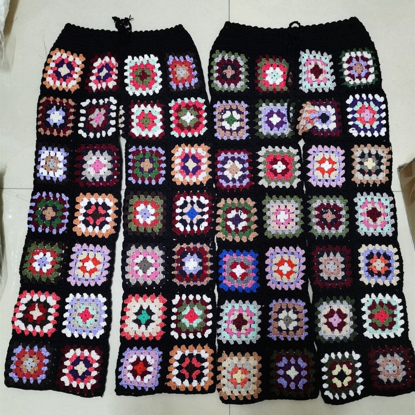 Women Bohemian Multi Colored Granny Square Hand crochet Patchwork Beach Cover Up Pant Pants jehouze 