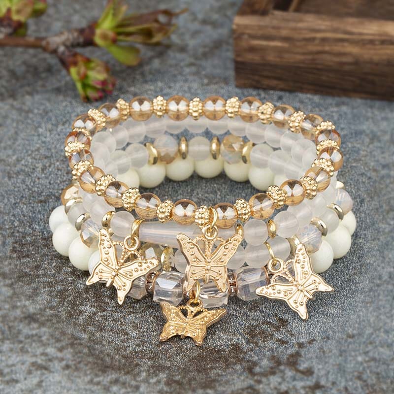 Women Bohemian Stackable Beads Multilayer Butterfly Crystal Stretch Bracelet set Bracelets jehouze 