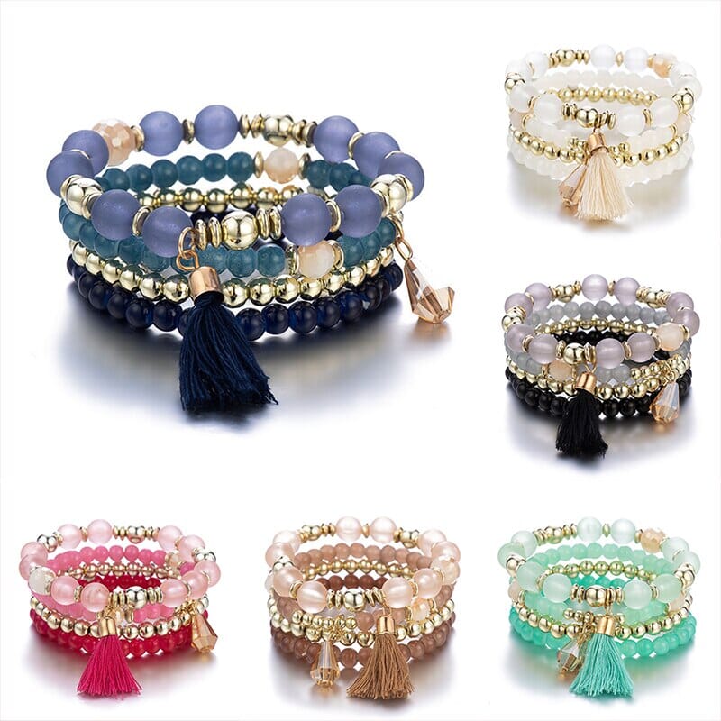 Women Bohemian Stackable Comfortable Stretch Beads Multilayer Tassel Bracelet set Bracelets jehouze 