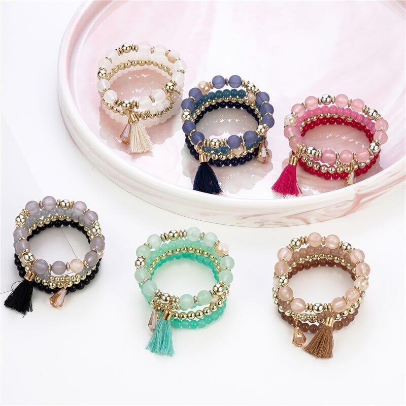 Women Bohemian Stackable Comfortable Stretch Beads Multilayer Tassel Bracelet set Bracelets jehouze 