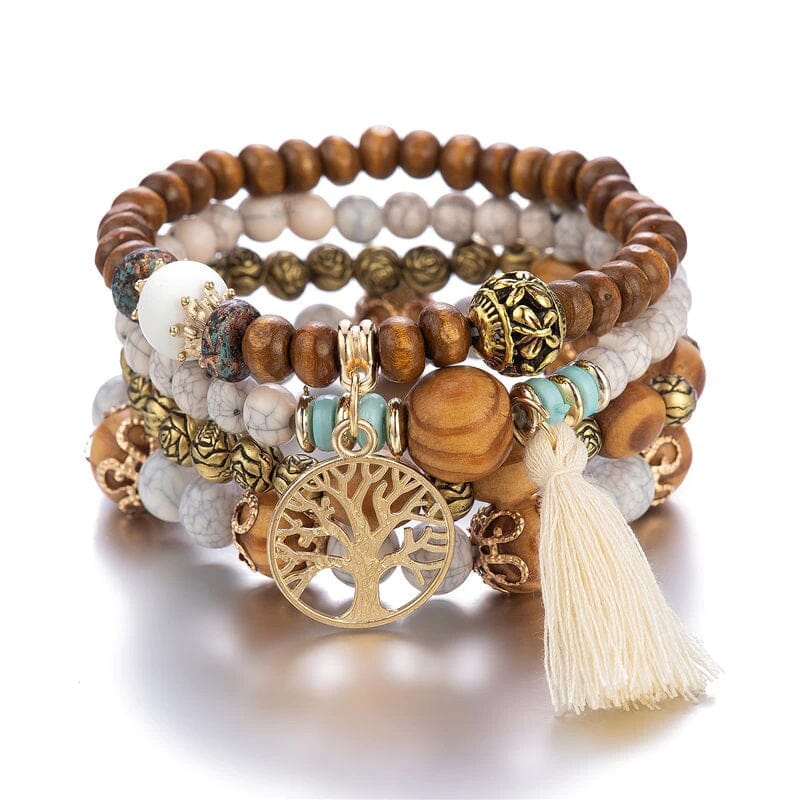 Women Bohemian Stackable Wood Beads Multilayer Tassel Bracelet set_ Jewelry jehouze Beige 