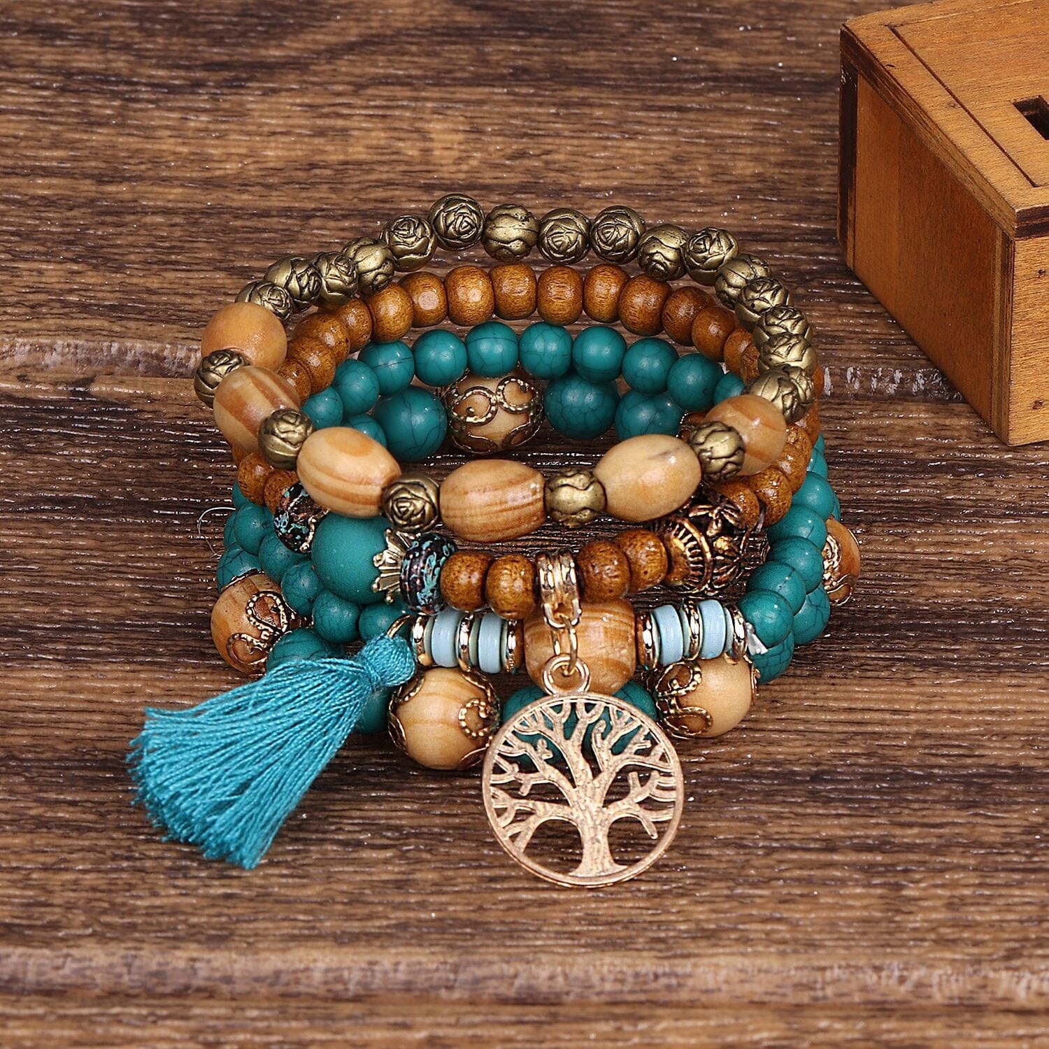 Women Bohemian Stackable Wood Beads Multilayer Tassel Bracelet set_ Jewelry jehouze Blue 