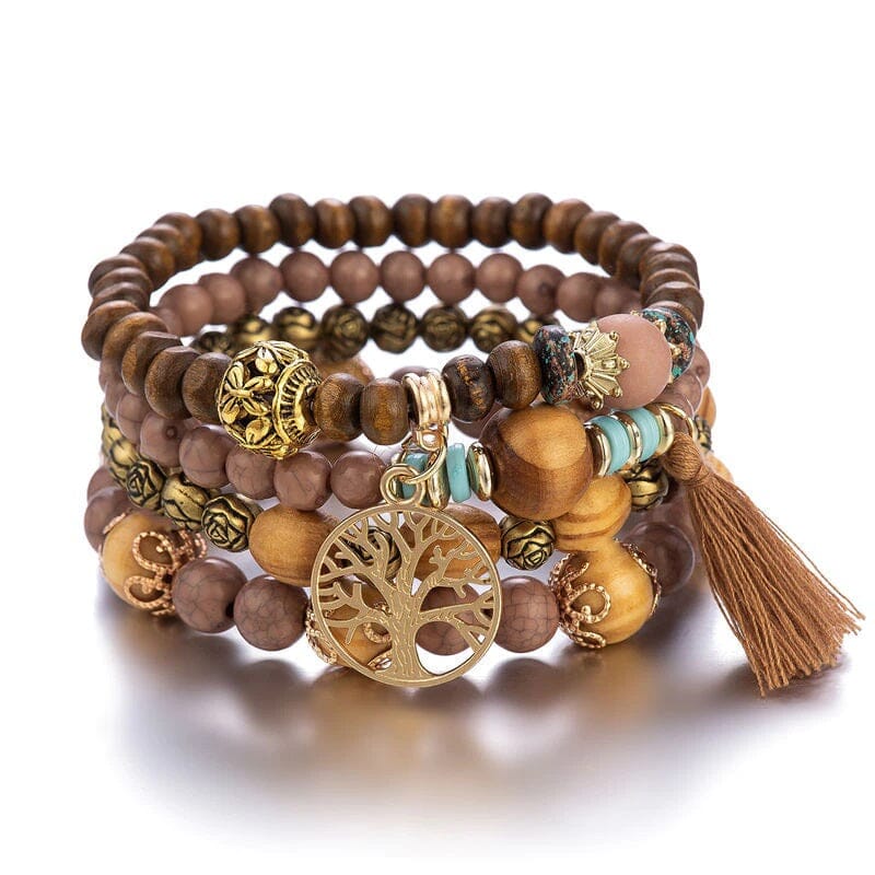 Women Bohemian Stackable Wood Beads Multilayer Tassel Bracelet set_ Jewelry jehouze Brown 