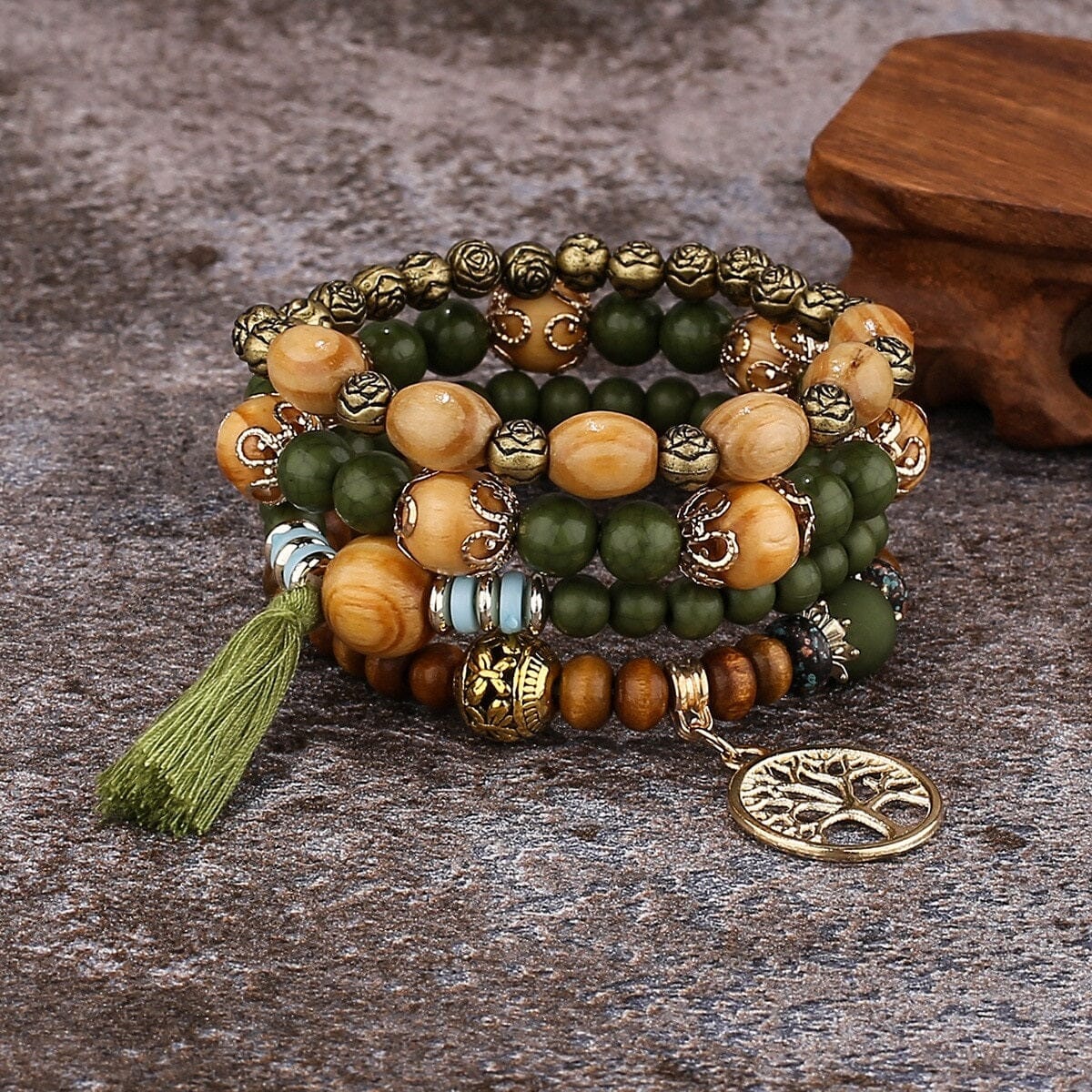 Women Bohemian Stackable Wood Beads Multilayer Tassel Bracelet set_ Jewelry jehouze Green 