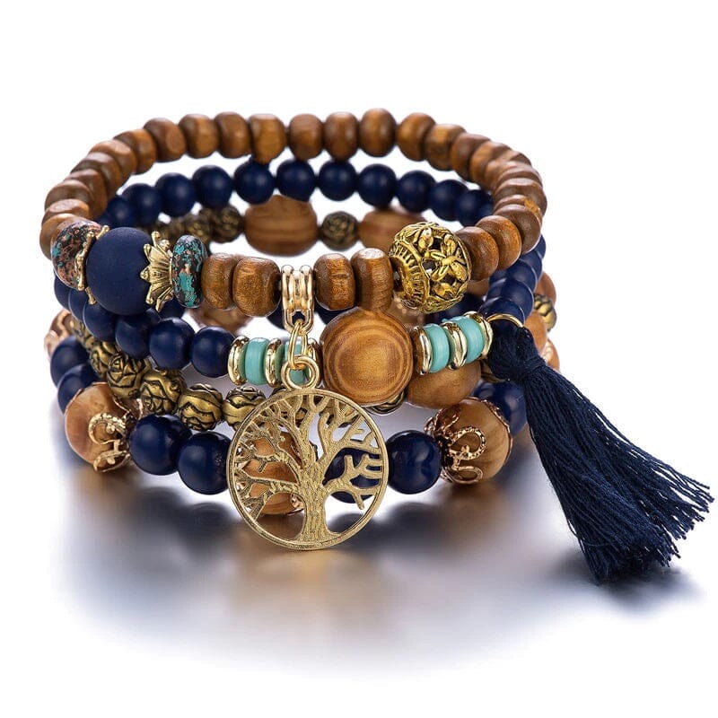 Women Bohemian Stackable Wood Beads Multilayer Tassel Bracelet set_ Jewelry jehouze Navy Blue 