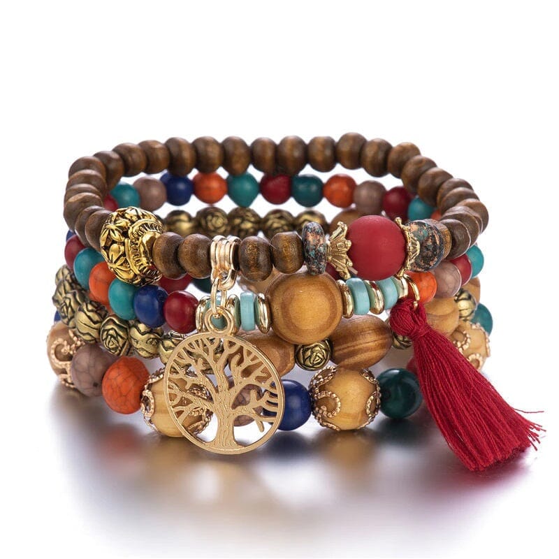 Women Bohemian Stackable Wood Beads Multilayer Tassel Bracelet set_ Jewelry jehouze Red 