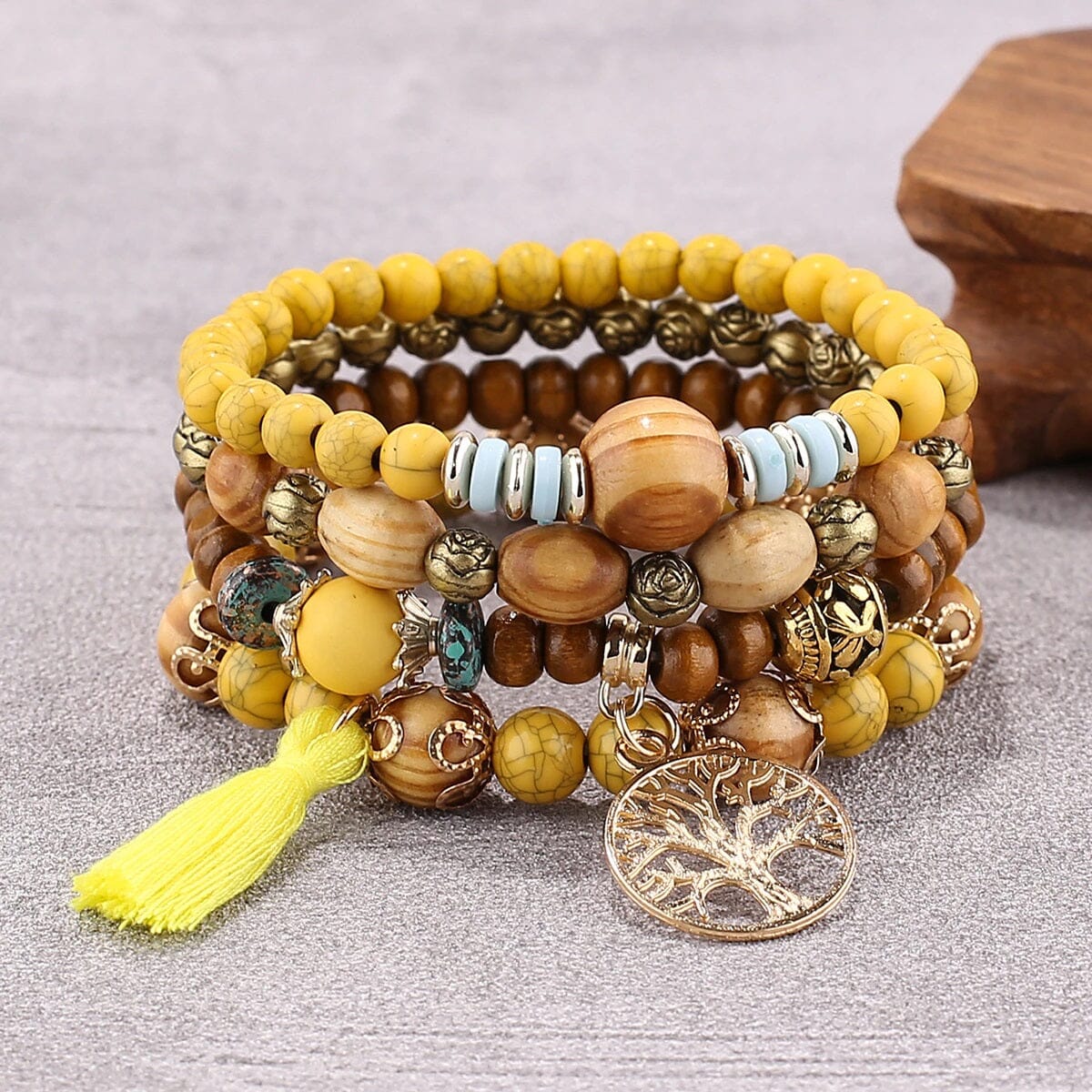 Women Bohemian Stackable Wood Beads Multilayer Tassel Bracelet set_ Jewelry jehouze Yellow 