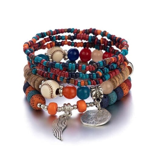 Women Bohemian Stackable Wood Beads Multilayer Tassel Charm Stretch Bracelet set Bracelets jehouze 1 