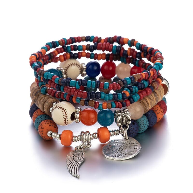 Women Bohemian Stackable Wood Beads Multilayer Tassel Charm Stretch Bracelet set Bracelets jehouze 