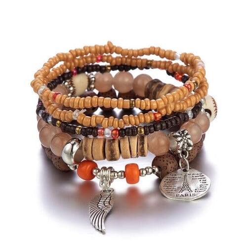 Women Bohemian Stackable Wood Beads Multilayer Tassel Charm Stretch Bracelet set Bracelets jehouze 5 