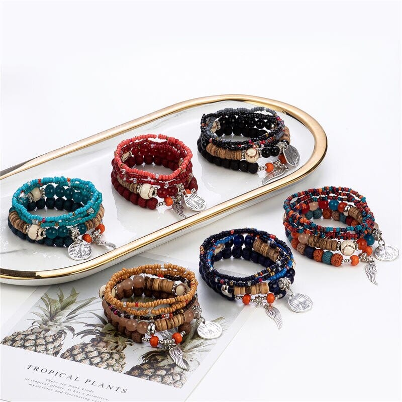 Women Bohemian Stackable Wood Beads Multilayer Tassel Charm Stretch Bracelet set Bracelets jehouze 