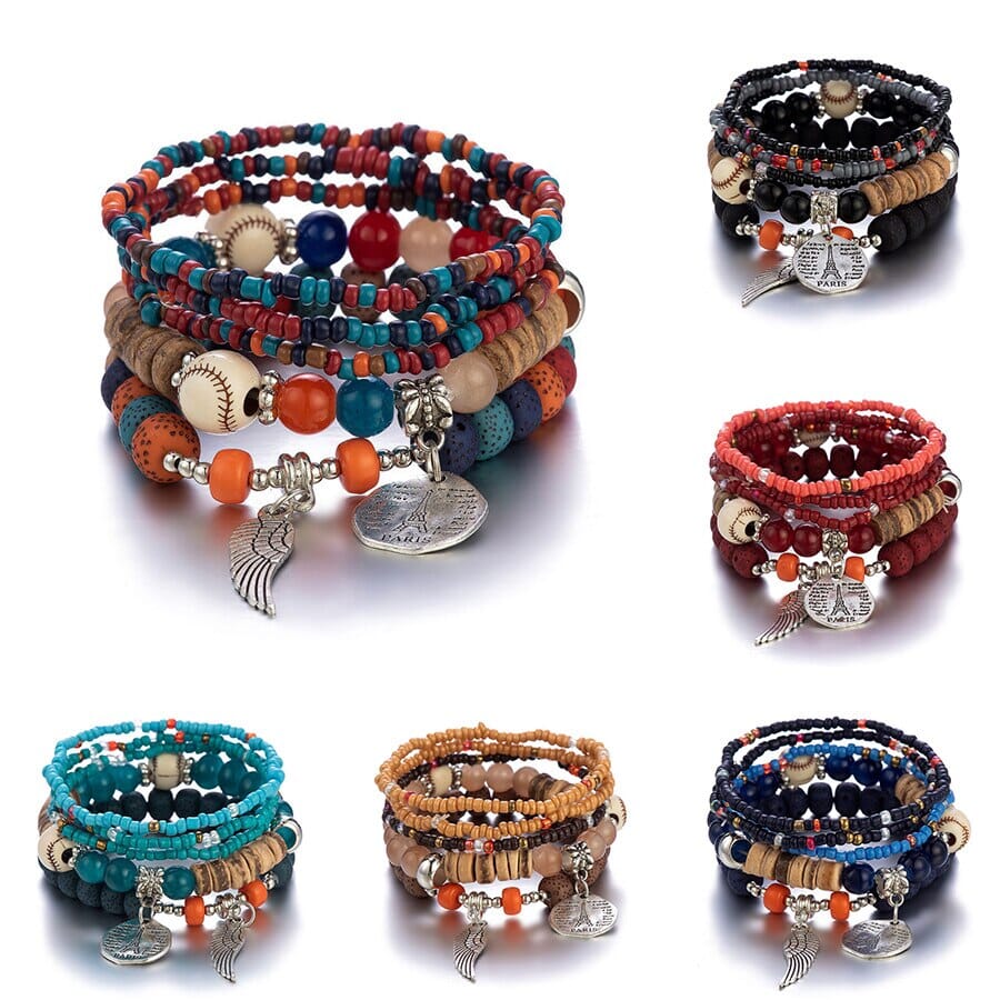 Women Bohemian Stackable Wood Beads Multilayer Tassel Charm Stretch Bracelet set Bracelets jehouze 