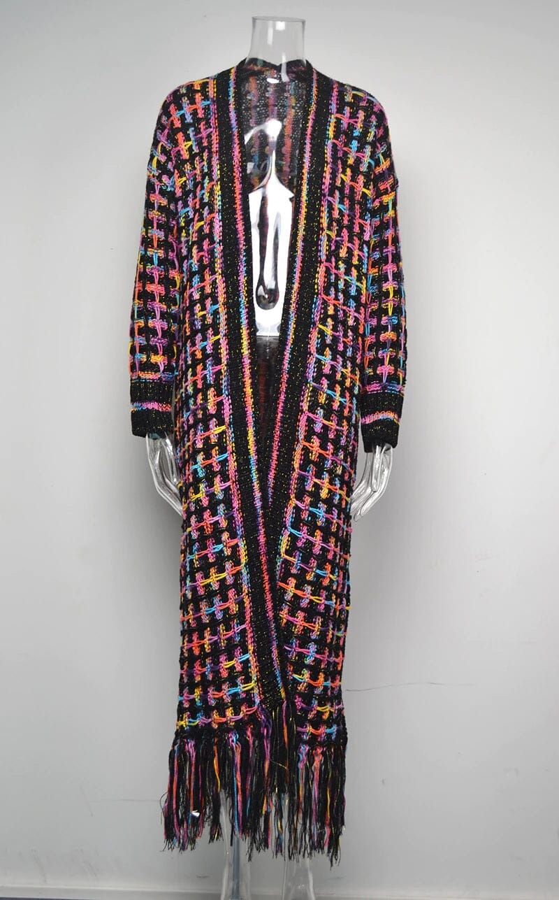 Women Bohemian Vintage Sweater Long Open Front Knit Tassel Colorful Fringe Cardigan_ jehouze 