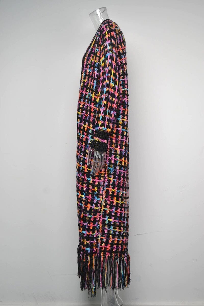 Women Bohemian Vintage Sweater Long Open Front Knit Tassel Colorful Fringe Cardigan_ jehouze 