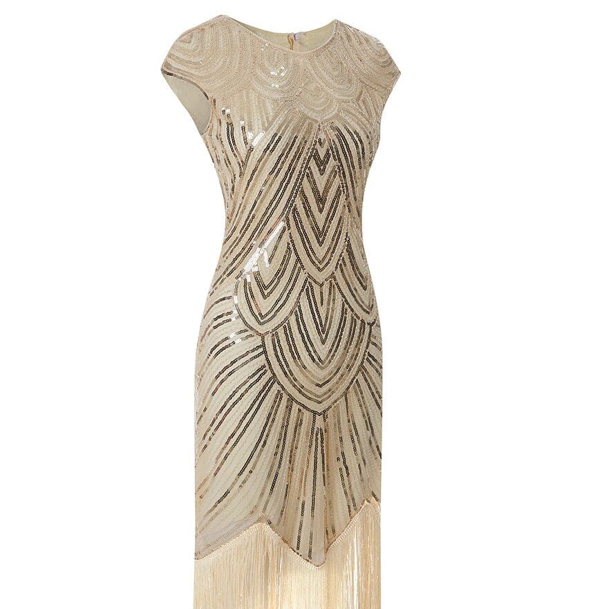 Women Crew Neck Cap Sleeve Sequin Fringe Vintage 1920s Flapper Gatsby Dress_ Dresses jehouze 