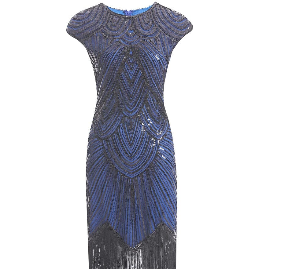 Women Crew Neck Cap Sleeve Sequin Fringe Vintage 1920s Flapper Gatsby Dress_ Dresses jehouze Black Blue XS 