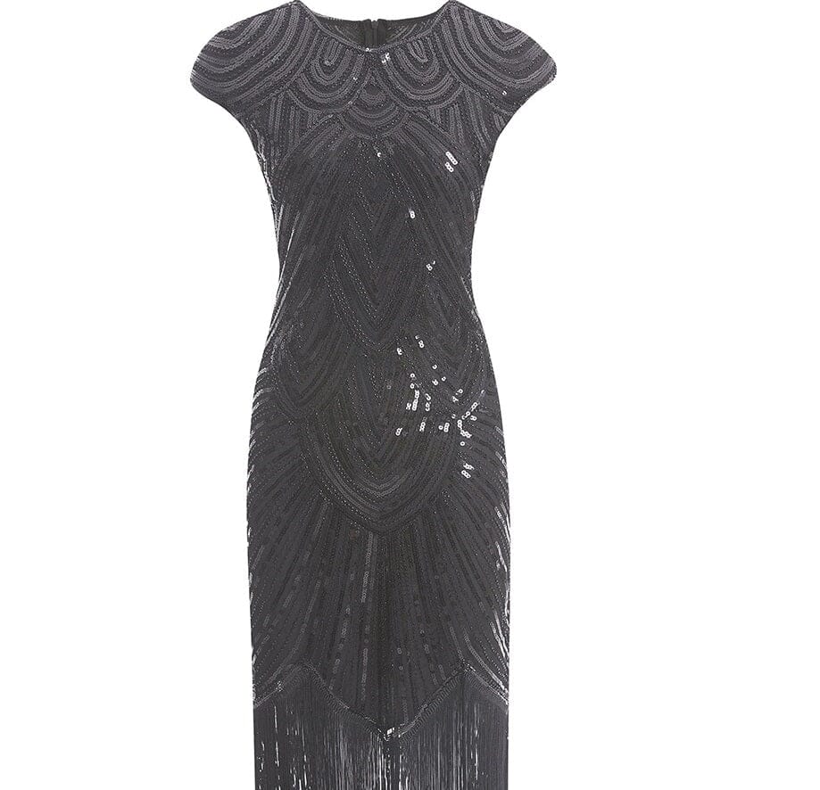 Women Crew Neck Cap Sleeve Sequin Fringe Vintage 1920s Flapper Gatsby Dress_ Dresses jehouze Black XS 