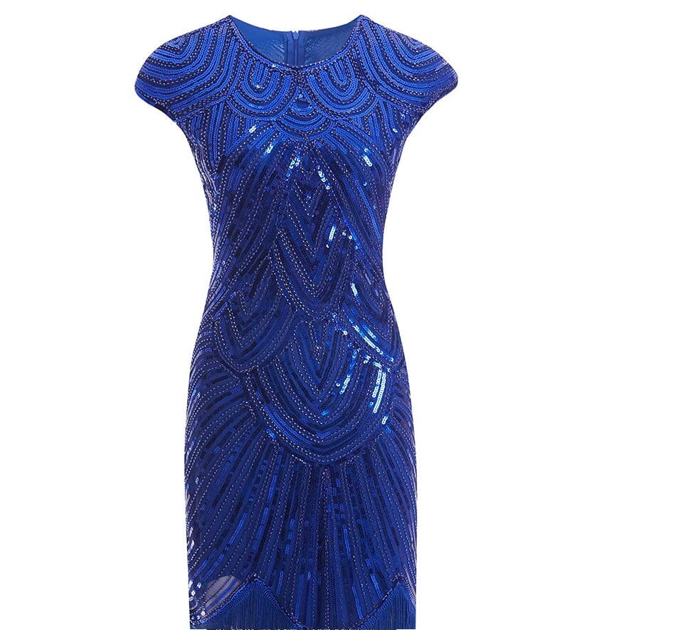 Women Crew Neck Cap Sleeve Sequin Fringe Vintage 1920s Flapper Gatsby Dress_ Dresses jehouze Blue XS 