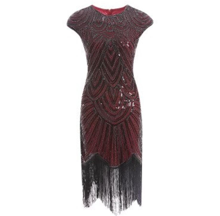 Women Crew Neck Cap Sleeve Sequin Fringe Vintage 1920s Flapper Gatsby Dress_ Dresses jehouze Wine Red XS 