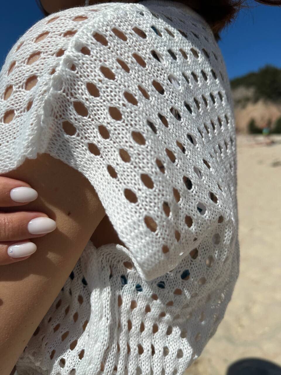 Women Crochet Beach Cover Up Button Short Sleeve Mini Dress Dresses jehouze 