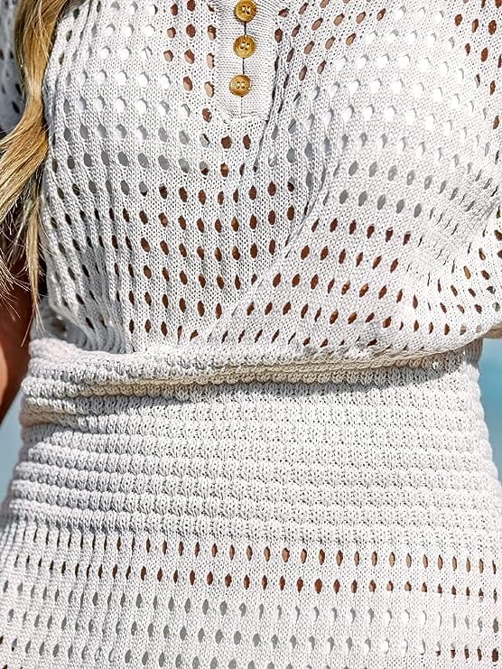 Women Crochet Beach Cover Up Button Short Sleeve Mini Dress Dresses jehouze 
