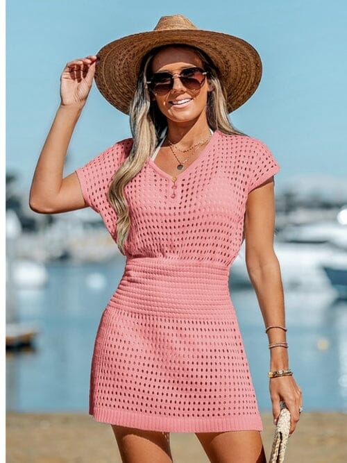 Women Crochet Beach Cover Up Button Short Sleeve Mini Dress Dresses jehouze Pink M 