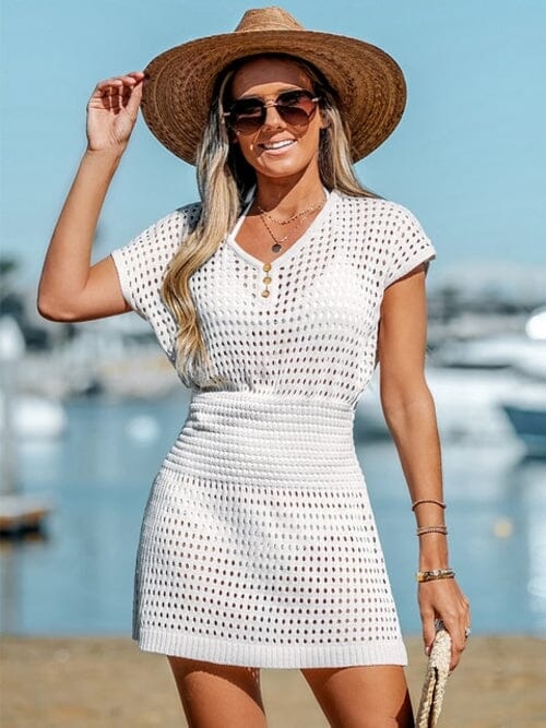 Women Crochet Beach Cover Up Button Short Sleeve Mini Dress Dresses jehouze White S 