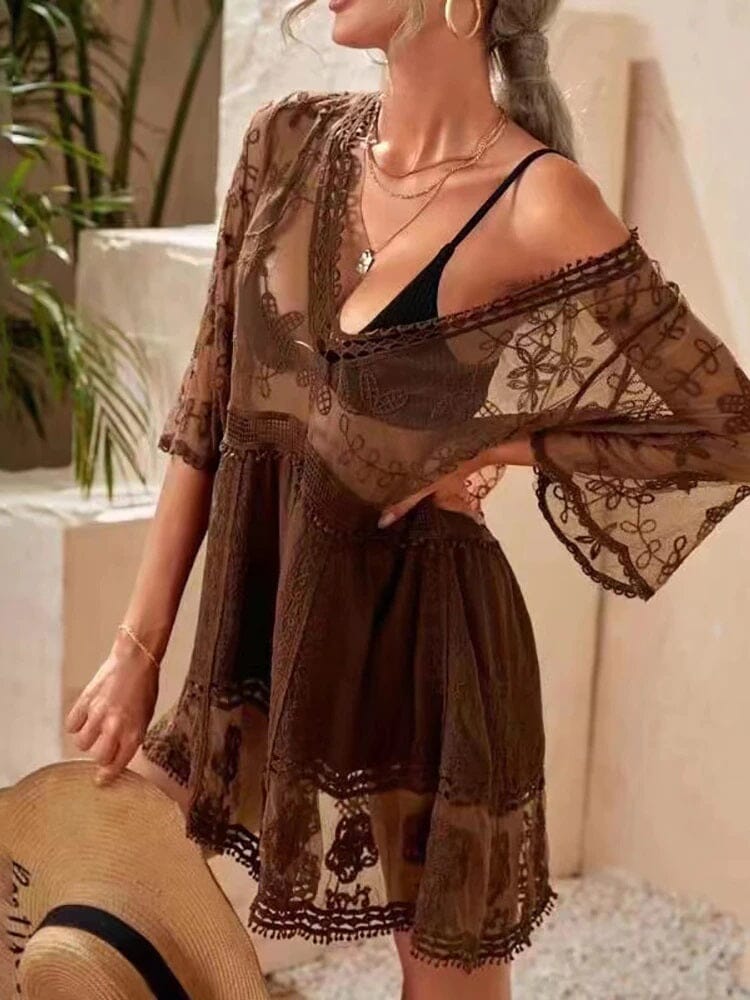 Women Deep V Neck Bohemian Beach Outing Sheer Sexy Bathing Suit Cover UP Lace Tunic Bikini Swimsuit Dress_ Dresses jehouze 