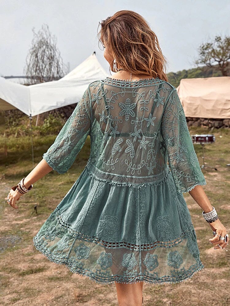 Women Deep V Neck Bohemian Beach Outing Sheer Sexy Bathing Suit Cover UP Lace Tunic Bikini Swimsuit Dress_ Dresses jehouze 