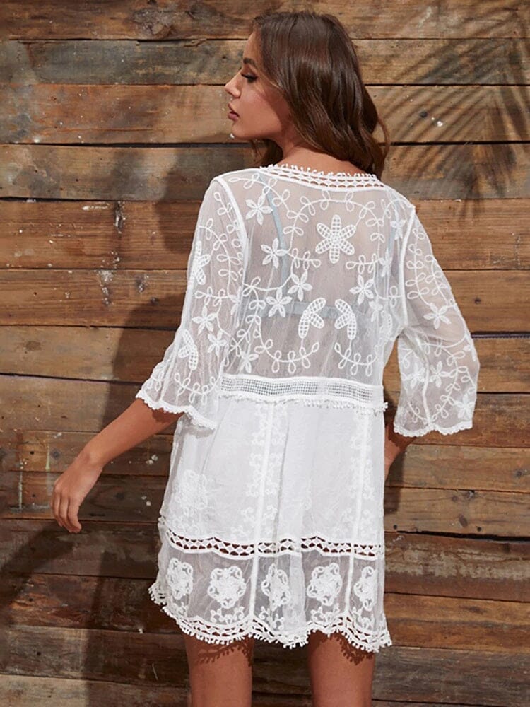 Women Deep V Neck Bohemian Beach Outing Sheer Sexy Bathing Suit Cover UP Lace Tunic Bikini Swimsuit Dress_ Dresses jehouze 