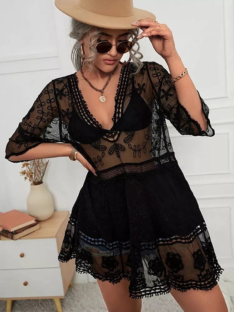 Women Deep V Neck Bohemian Beach Outing Sheer Sexy Bathing Suit Cover UP Lace Tunic Bikini Swimsuit Dress_ Dresses jehouze black 