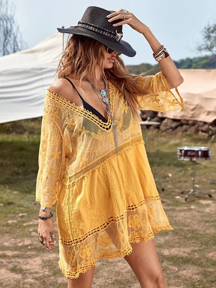 Women Deep V Neck Bohemian Beach Outing Sheer Sexy Bathing Suit Cover UP Lace Tunic Bikini Swimsuit Dress_ Dresses jehouze yellow 